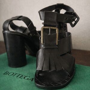 Bottega Veneta Black Leather Tassel Block Heel Sandals – Size 37